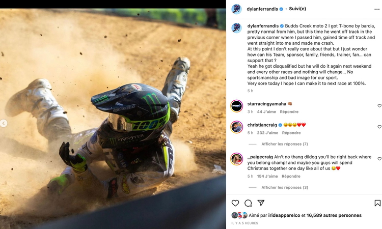 La réaction de Dylan Ferrandis sur Instagram